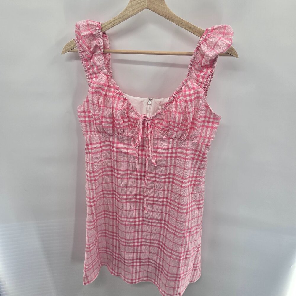 WAYF Pink Gingham Plaid Ruched Tie Front Mini Dress Milkmaid Cottagecore Small